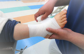 足関節を包帯固定している写真