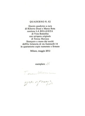 colophon numerato e firmato dal poeta e dall'artista