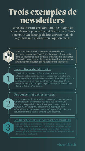 La newsletter est un support marketing pour fidéliser les clients et les prospects. Il est essentiel d'apporter de la valeur avec ces trois exemples présentés dans ce visuel.