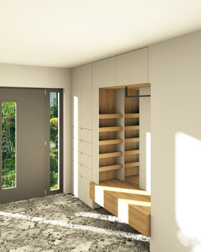 Planungsentwurf Garderobeneinbauschrankes von Schreinerei Holzdesign Ralf Rapp in Geisingen mit offenem Eichen-Regal, schwebender Sitzbank mit Schubladen in Eiche, weißer raumhohes Einbaumöbel im Flurbereich