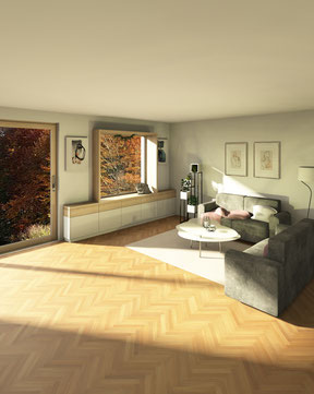 Fotorealistische 3D-CAD Planung vom Schreiner in Geisingen eines Eichen-Sitzfensters mit Unterschränken