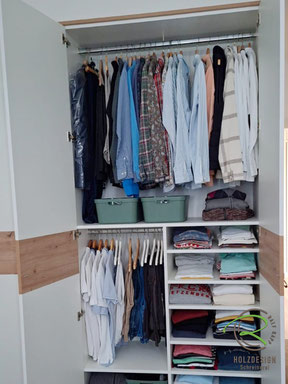 Dachnischenschrank als Schlafzimmer Kleiderschrank - Inneneinteilung für den Herren mit Mitteltrennung mit Kleiderstange und Regalböden