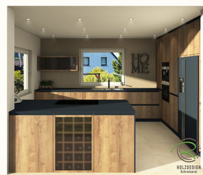 3D-CAD Planung offene Wohnküche Bestandsumbau in Tuttlingen mit Eiche Fronten, schwarzer Arbeitsplatte u. Griffleisten, Glasvitrine, deckenhoher Hochschrankzeile mit Backofen u. Einbaukaffeemaschiene u. Side by Side Kühlschrank in schwarz