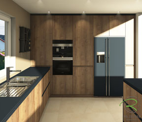 Fotorealistische Küchenvisiualisierung der Küchen Hochschrankwand mit Backofen Kühlschrank Holz schwarz Tuttlingen mit Eiche Fronten, schwarzer Arbeitsplatte u. Griffleisten, Backofen und Einbaukaffemaschine u. Side by Side Kühlschrank in schwarz