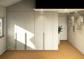 Rendering vom Schreiner, CAD Planung raumhoher Dachnischenschrank in weiß mit Eiche Griffleisten und Kleiderschränke mit Schrägen links