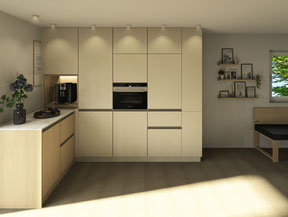 CAD-Planung einer deckenhohen Hochschrankwand mit Kaffeenische, Backofen und integriertem Stauraum in einer maßgefertigten Schreinerküche