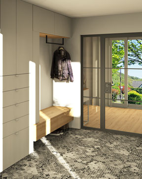 Fotorealistischer Einbaumöbel Projektentwurf von Schreinerei Holzdesign Ralf Rapp in Geisingen für den Eingangsbereich in Radolfzell in weiß und Eiche mit schwebender Garderobenbank, raumhoher Einbauschrank mit offener Garderobennische, U-Kleiderstange