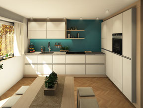 Fotorealistische 3D-CAD Entwurfsplanung einer kleinen Küche vom Schreiner Nähe Tuttlingen, in weiß und Eiche mit Petrol farbiger Rückwand, Deckenhoher Hochschrankzeile mit hocheingebautem Geschirrspüler, offenem Eichen Regal