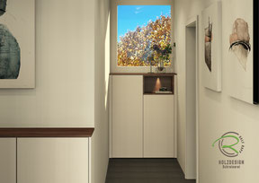 Fotorealistisches Rendering einer Kommode unter Fensternische in weiß und offenem Schlüsselfache in Nussbaum furniert