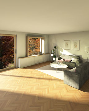 Fotorealistischer Entwurfsvorschlag von Schreinerei Holzdesign Ralf Rapp in Geisingen für Sitzbank am Fenster in Radolfzell mit Eichenrahmen und weißen Unterschränken für zusätzlichen Stauraum für Wohnzimmerfenster und nachträglichem Einbau Sitzfenster