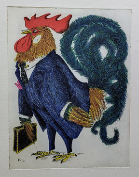 Bracher Erwin Original Farbradierung Hahn