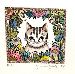 Gundi Groh Radierung Katze Blumen