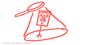  Ein Flipchart mit einer Pyramide und den Buchstaben A, B, C wird durch eine Lupe vergrößert – Symbol für detaillierte Analyse und gezielte Fokussierung in Sketchnotes.