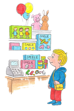 Ein Kind im Spielzeugladen entdeckt Spielsachen alleine. Die Situation zeigt, wie Taschengeld und loslassen der Eltern Kinder in finanziellen und sozialen Kompetenzen stärkt.