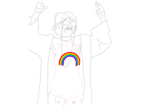 A drawing of an elderly woman. She is wearing a bodysuit with a rainbow on it and lifting her hands