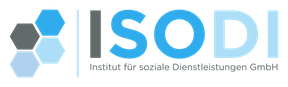 Logo: 4 6-Ecken leicht versetzt angeordnet in blau- bis graufarben, daneben der Firmenname "ISODI", darunter "Institut für soziale Dienstleistungen GmbH".