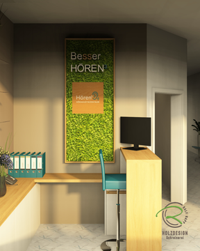 Fotorealistische Planung eines Empfangsbereichs in einer Hörakustik-Praxis mit Stehtresen zur Terminorganisation, seitlich integriertem Sitzarbeitsplatz, Arbeitsfläche aus Holz und zurückhaltendem Stauraum.