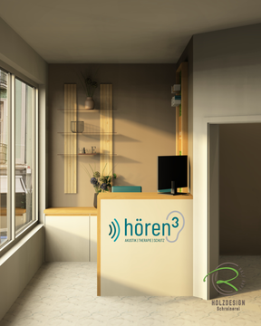 Fotorealistische Planung eines Empfangsbereichs in einer Hörakustik-Praxis mit Stehtresen, integrierter Arbeitsfläche, Monitor und zurückhaltendem Stauraum
