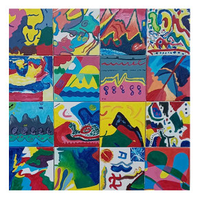 Teambuilding: 16 doekjes van 20x20 cm vormen samen één kunstwerk van 80x80 cm.