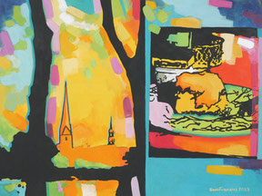Gouache Hamburginnenstadt Lombardsbrücke Petrikirche Kuchen mit Sahne Malerei "Entdecken Sie die Gouchemalerei für sich!" Malkurse Malworkhshops in Hamburg Gouachefarbe