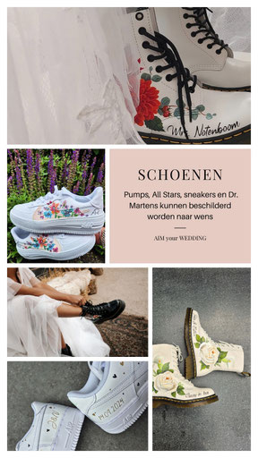 bruid draagt beschilderde gepersonaliseerde schoenen met tekst en bloemen.