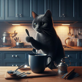 KI-generiertes fotorealistisches Bild. Ein schwarzer Kater sitzt auf einem Küchentisch. Im Hintergrund eine blaue Einbauküche mit Holzarbeitsplatten und Herd. Vor ihm steht eine große blaue Tasse, in der Pfote hält er einen Löffel. 