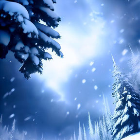Bild, vermutlich KI generiert. Rechts sieht eins schneebedeckte Tannen. Links hängen schneebedeckte Tannenzweige ins Bild. Im Hintergrund dunkel blauer Himmel mit Schneeflocken, in der Mitte eine hellere Stelle, vermutlich Mondlicht.