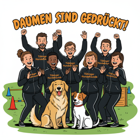 Gruppe in schwarzen Trainingsanzügen mit Aufschrift 'Tübinger Hundefreunde' steht auf Wiese, hebt Arme, zwei Hunde sitzen vorne, Text 'DAUMEN SIND GEDRÜCKT!' darüber.