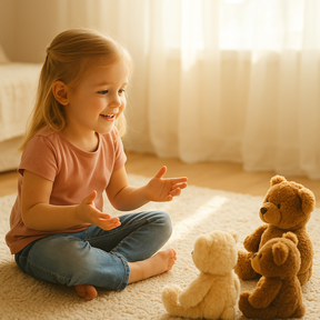 Petite fille qui discute avec ses nounours