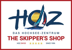 Logo HOZ Das Hochsee-Zentrum mit Segel und Sonne – The Skipper’s Shop™, nautischer Fachshop von HOZ.SWISS seit 1996.