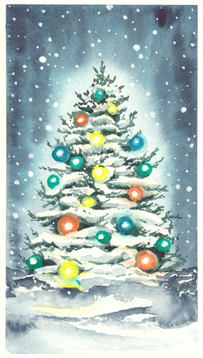 Aquarellbild "Christbaum": mit bunten Kugeln, Schnee und einem schönen Leuchten