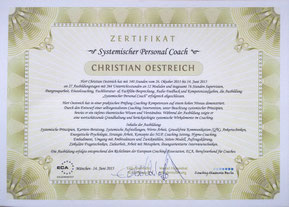 Zertifikat zum Systemischen Personal Coach. Die Ausbildung erfolgte entsprechend den Richtlinien der European-Coaching-Association, ECA, Berufsverband für Coaches.