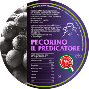 pecorino maremma new taste sheep sheep’s cheese dairy caseificio tuscany tuscan spadi follonica label italian origin milk italy matured aged flavored flavor aromatic il predicatore in grapes pomace