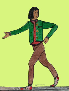Zeichnung eines Frau, die in der Schrittstellung den Oberkörper leicht dreht, dabei einen Arm nach hinten und den anderen nach vorne streckt