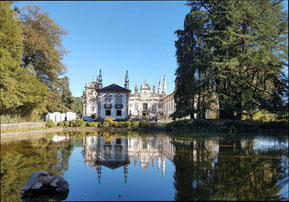 Casa do Mateus umsäumt von Bäumen und davor mit Teich, in der sich die Villa spiegelt ©My own Travel