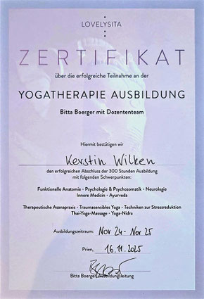 Zertifkat Yogatherapie-Ausbildung 300 Stunden