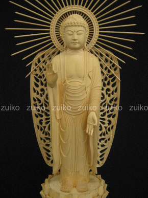 西弥陀　金箔肌粉　本山型台座西火炎光背割寸１尺2