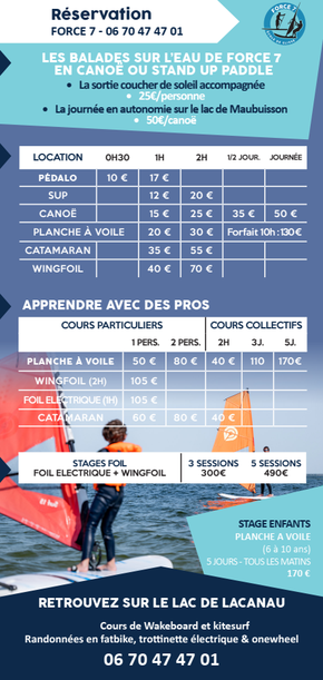 Tarifs cours et Location Force 7 Maubuisson