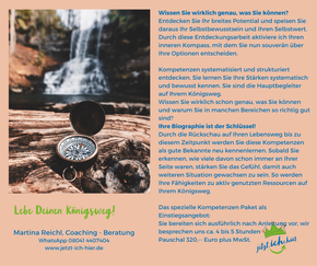 Ein Kompass liegt auf einem Holzstück. Dahinter ist ein erfrischender Wasserfall. Welche Kompetenzen können für den nächsten Schritt eingesetzt werden? Wie führt der Königsweg zur Erfrischung und Wohltat?