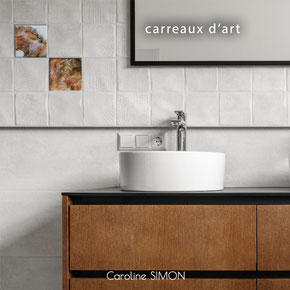 photo mise en situation salle de bain carreaux d'art Caroline SIMON artiste peintre en Savoie