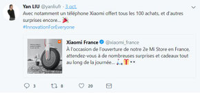 Tweet de Yan LIU, Country Manager Xiaomi France.