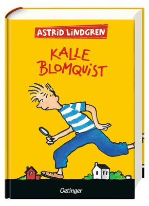 Die Gesamtausgabe von Astrid Lindgrens Kalle-Blomquist-Reihe vom Oetinger Verlag. Das sonnengelbe Hardcover zeigt einen gezeichneten, laufenden Jungen mit einer Lupe in der Hand. Unten im Hintergrund ein rotes Holzhaus und eine weiße Kirche.