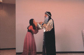 Osho after dancing with a disciple in Rajneeshpuram, Oregon, USA, 1985