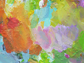 Auch als Erwachsener kann man Malen und Zeichnen lernen Farbpalette Acrylfarben Grün Hellblau Orange Rot Gelb Kunstblog