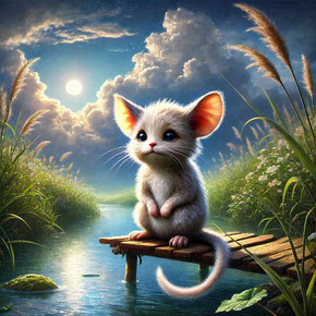 KI Bild. Ein magisches Wesen, das aussieht wie eine Mischung aus Maus und Katze sitzt auf einem Steg an einem Fluss. Es schaut traurig und anrührend aus. Das Ufer ist vorwiegend mit Schilf bewachsen. Am Himmel türmen sich Wolken, dazwischen etwas blau.