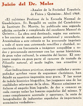Reseña del «Manual de Química» de Bargalló y Martín, por Enrique Moles (1928).