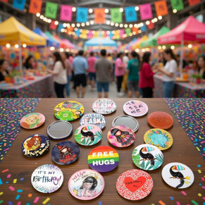 Set van 50 bedrukte buttons in een specifieke huisstijlkleur, klaar voor verzending als gepersonaliseerd promotiemateriaal