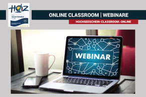 Laptop mit Webinar-Ankündigung – Teilnahme an digitalen Live-Seminaren zum Hochseeschein.