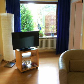 Wohnzimmer und Fernseher mit Blick auf den Garten
