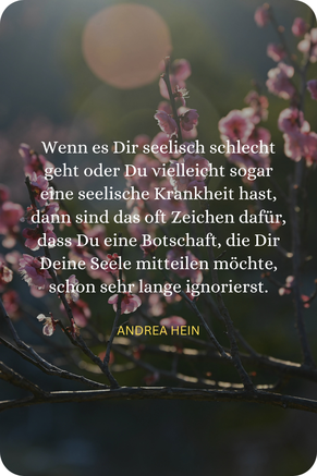 Blühende Zweige im warmen Abendlicht mit einem Zitat über seelisches Wohlbefinden und die Botschaften der Seele, die darauf hinweisen, dass unterdrückte Gefühle gesehen und verstanden werden möchten.